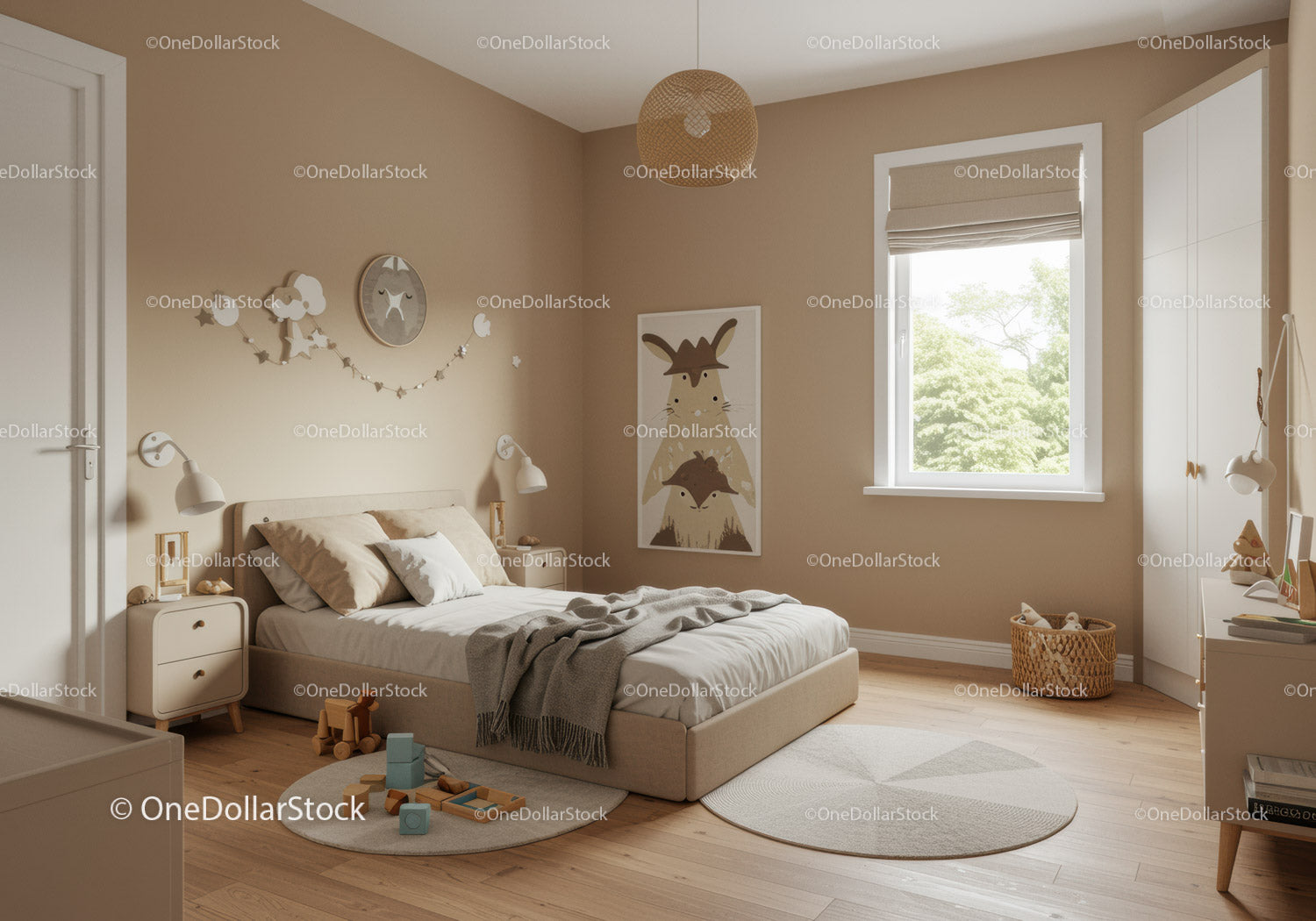 Modern Kids Bedroom with Beige Walls and Natural Light