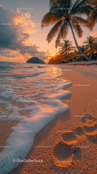 Sunset Over Tropical Beach with Coconut Palms and Gentle Waves