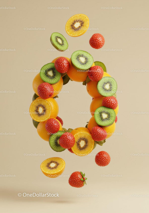 Floating circle of fresh kiwi strawberry and kumquat fruit