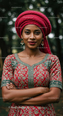 Confident woman wearing vibrant traditional red turban