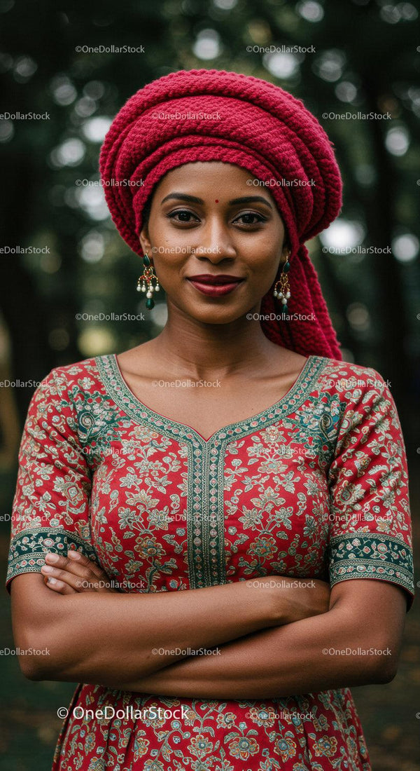 Pewna siebie kobieta w żywym czerwonym tradycyjnym turbanie