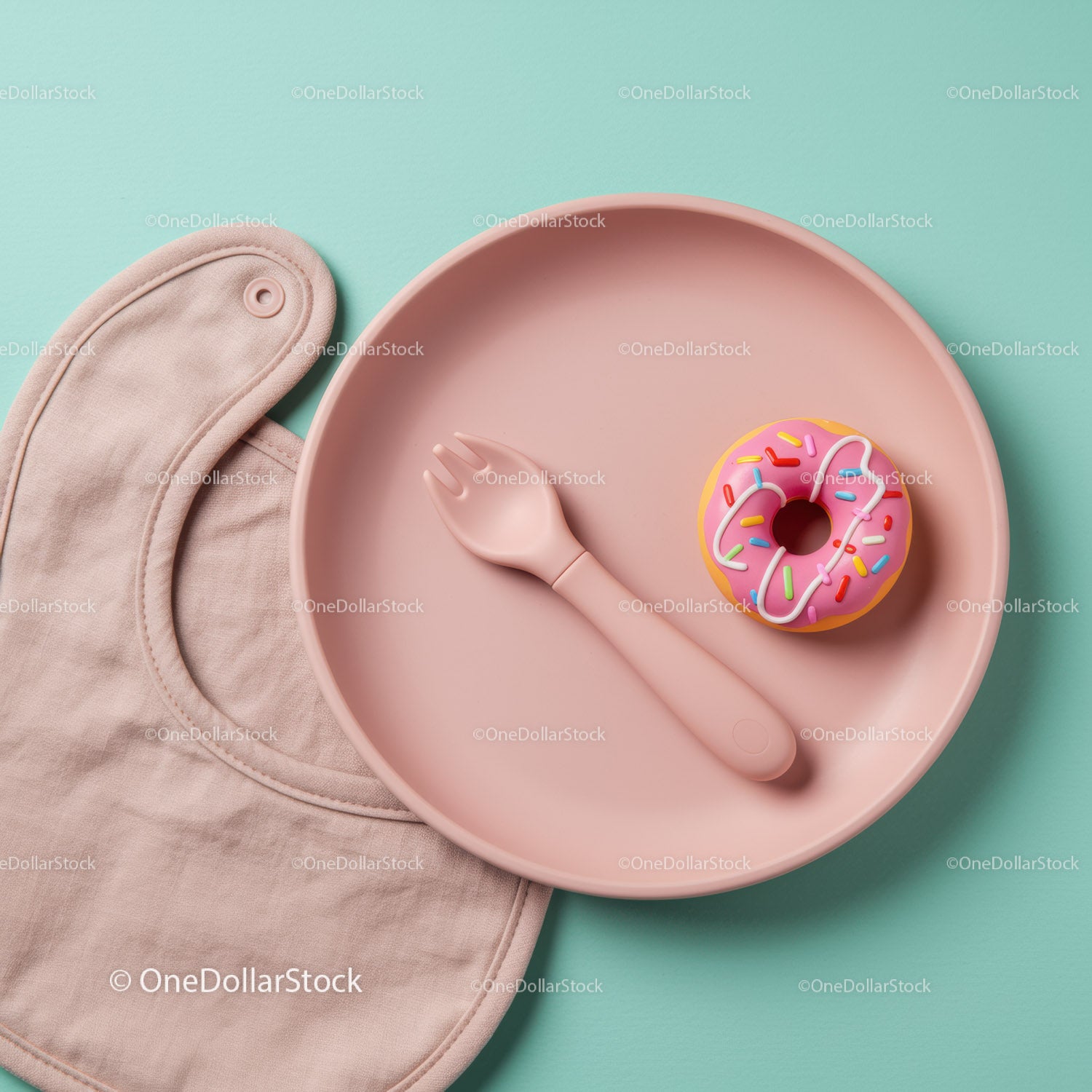 Baby Feeding Set with Toy Donut on Pastel Plate
