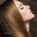 Close up side profile of woman with shiny long hair
