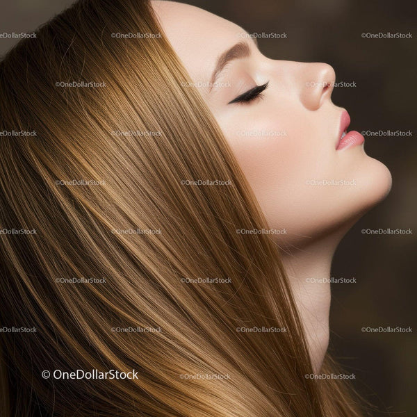 Close up side profile of woman with shiny long hair
