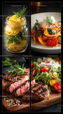 Variety of Fresh Pasta and Grilled Steak with Salad on Rustic Table