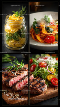 Variety of Fresh Pasta and Grilled Steak with Salad on Rustic Table
