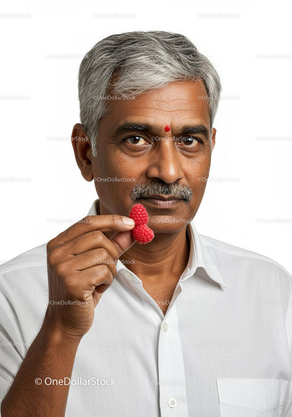 Indian Elderly Man with Gray Hair Holding Raspberries for Healthy Lifestyle