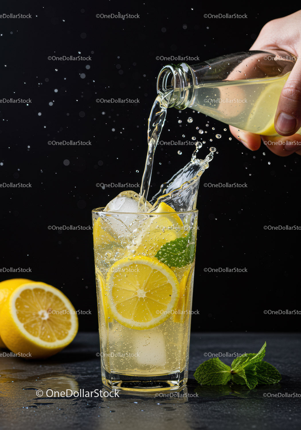 Refreshing Lemon Mint Sparkling Drink With Ice Cubes