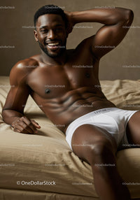 Smiling muscular man relaxing on bed in white underwear