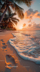 Sunset Over Tropical Beach with Palm Trees and Clear Ocean Water