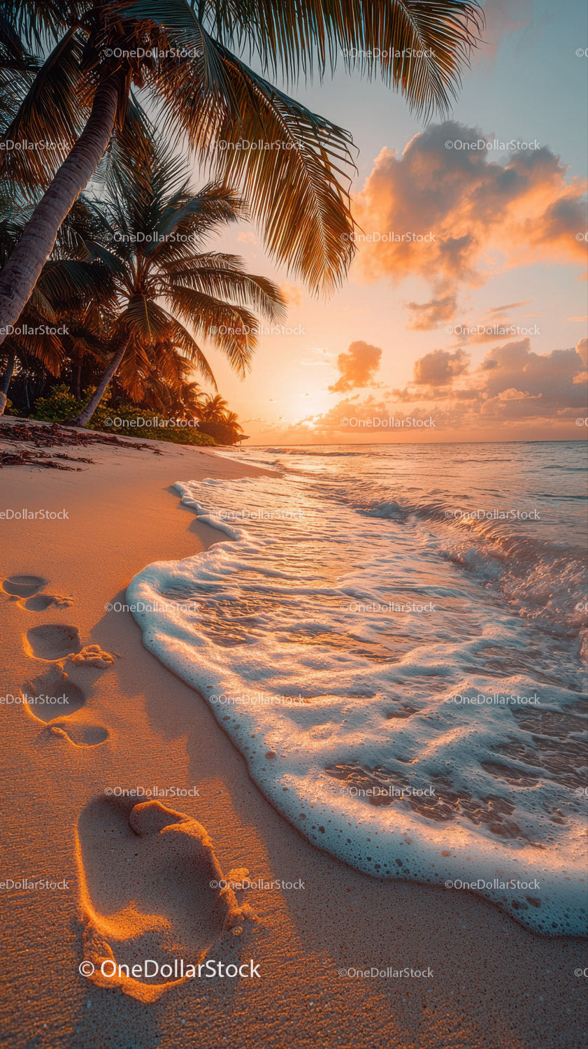 Sunset Over Tropical Beach with Palm Trees and Clear Ocean Water