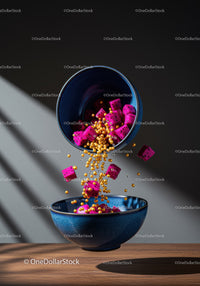 Vibrant dragon fruit and golden cereal pouring into bowl