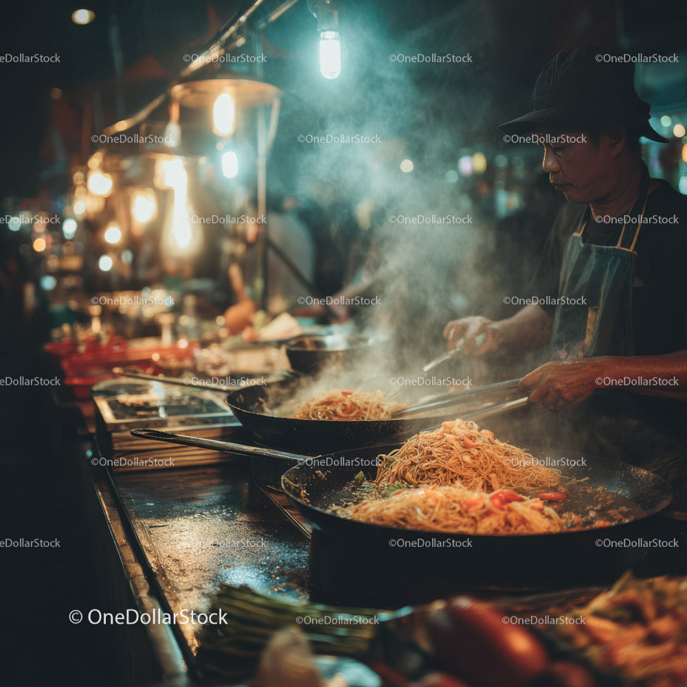 Street food vendor cooking stir-fry noodles at night market