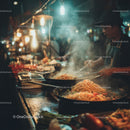 Street food vendor cooking stir-fry noodles at night market