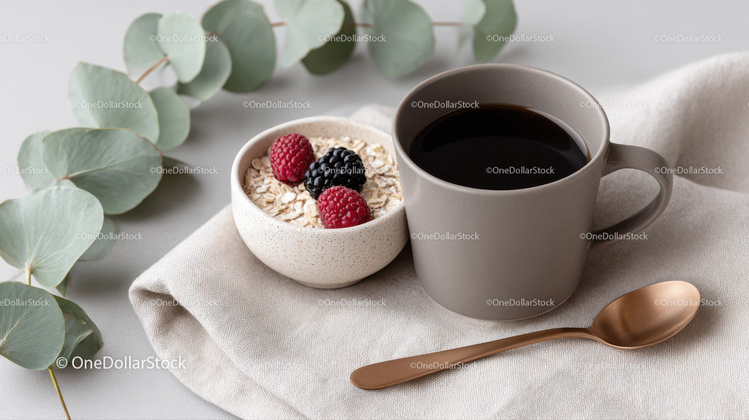 Coffee Cup and Oatmeal with Berries on Soft Linen Tablecloth