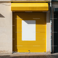 Closed yellow storefront with blank white poster