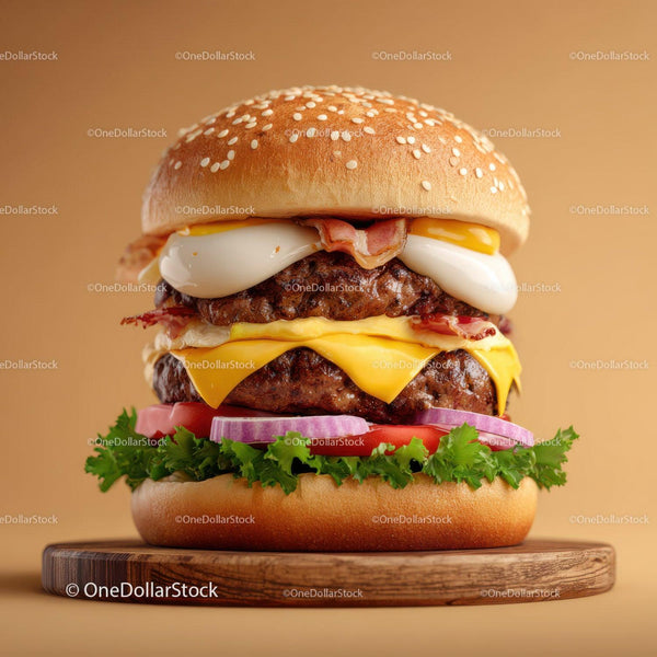 Stacked Double Cheeseburger with Eggs and Bacon on Sesame Bun