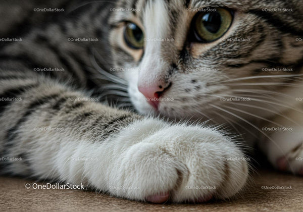 Close up of resting tabby cat paw and face