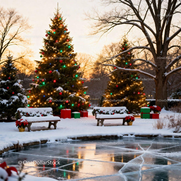 Snowy Park with Festive Lit Christmas Trees at Sunset