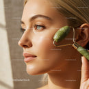 Young Woman Using Jade Roller for Facial Skin Massage
