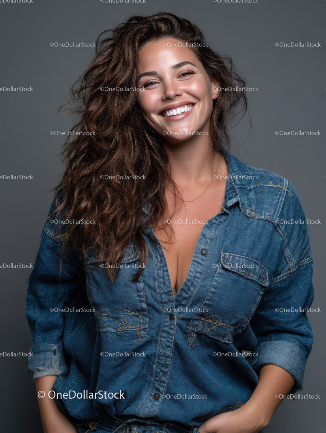 Young Woman with Long Curly Hair Smiling in Casual Denim Shirt