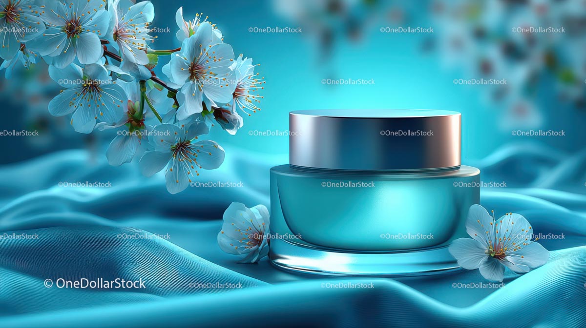 Refreshing Cosmetic Jar with Cherry Blossoms on Blue Silk
