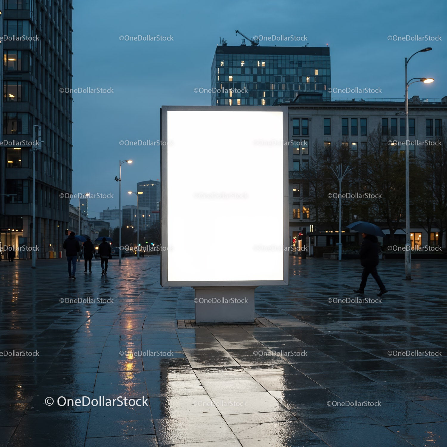 Empty illuminated billboard on rainy urban street at dusk