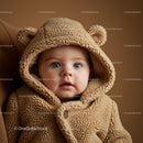 Adorable baby in cozy teddy bear hoodie looking curious