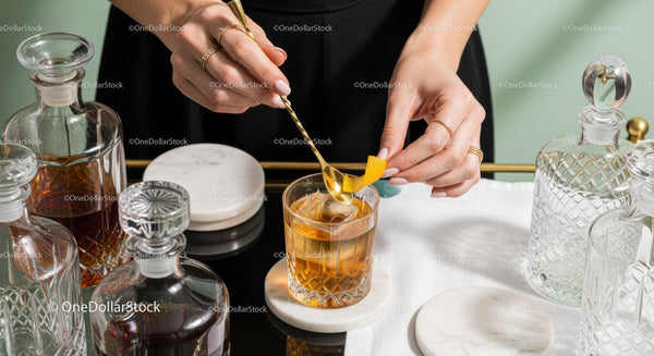 Elegant Whiskey Cocktail with Lemon Peel and Crystal Glass