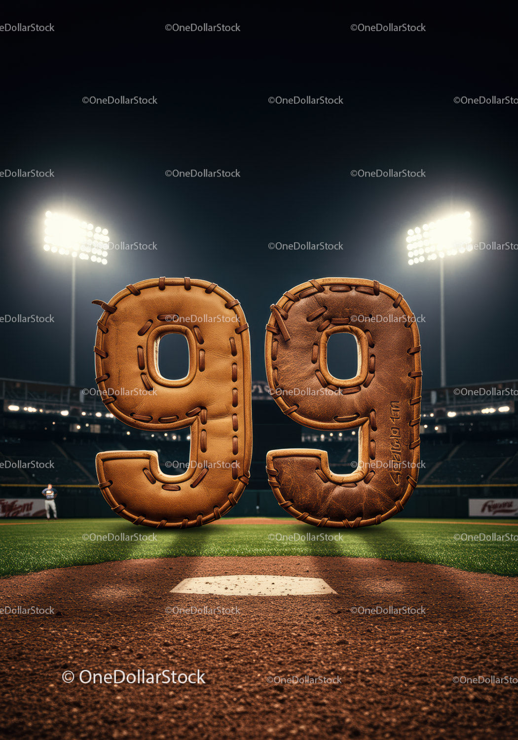 Baseball themed number ninety nine on illuminated field