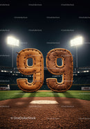 Baseball themed number ninety nine on illuminated field