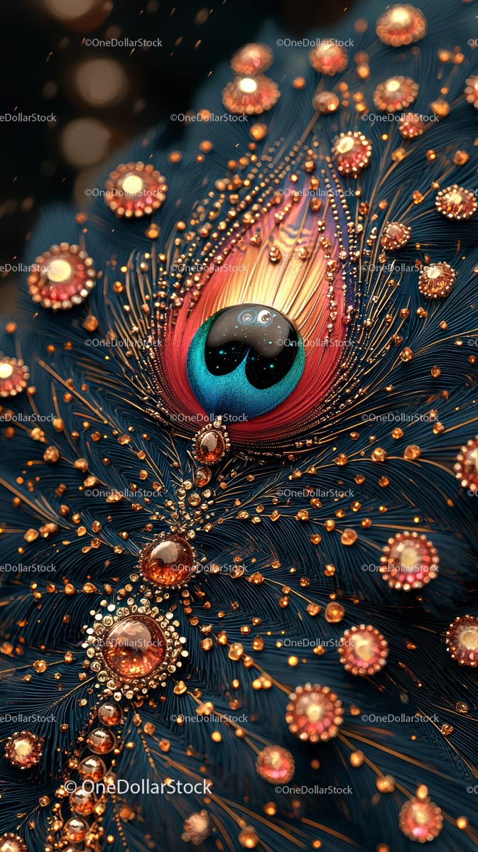Vivid Peacock Feather with Gold Beads and Ornamental Details