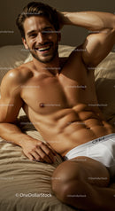 Smiling man relaxing shirtless in white briefs on bed