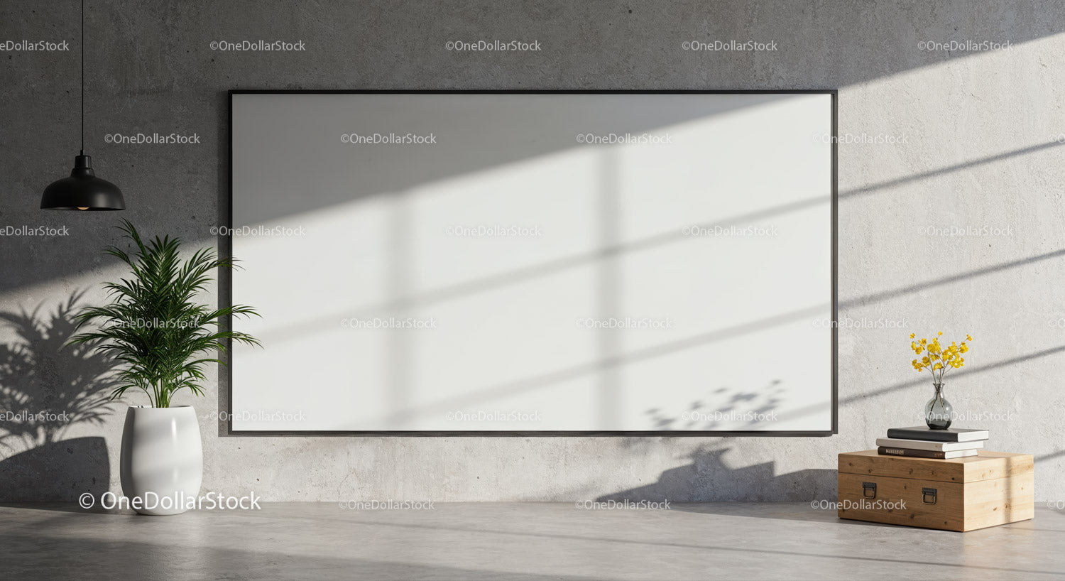 Minimalist modern interior with blank wall art and plants