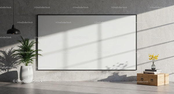 Minimalist modern interior with blank wall art and plants JPG Mockup Image
