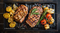 Grilled Beef Steaks with Cherry Tomatoes and Roasted Potatoes