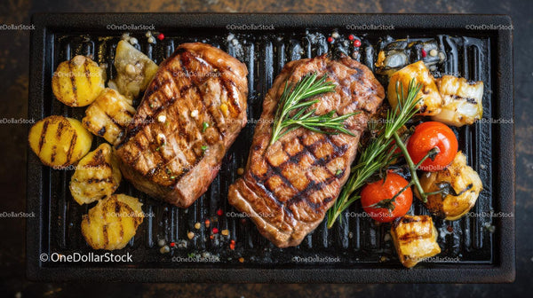 Grilled Beef Steaks with Cherry Tomatoes and Roasted Potatoes