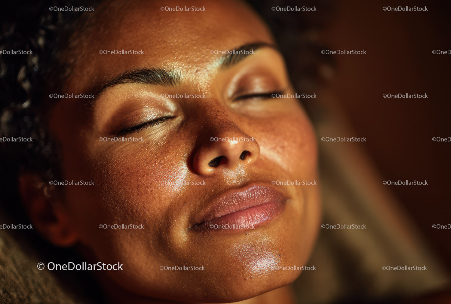Close-up of a Relaxed African American Woman with Freckles and Closed Eyes