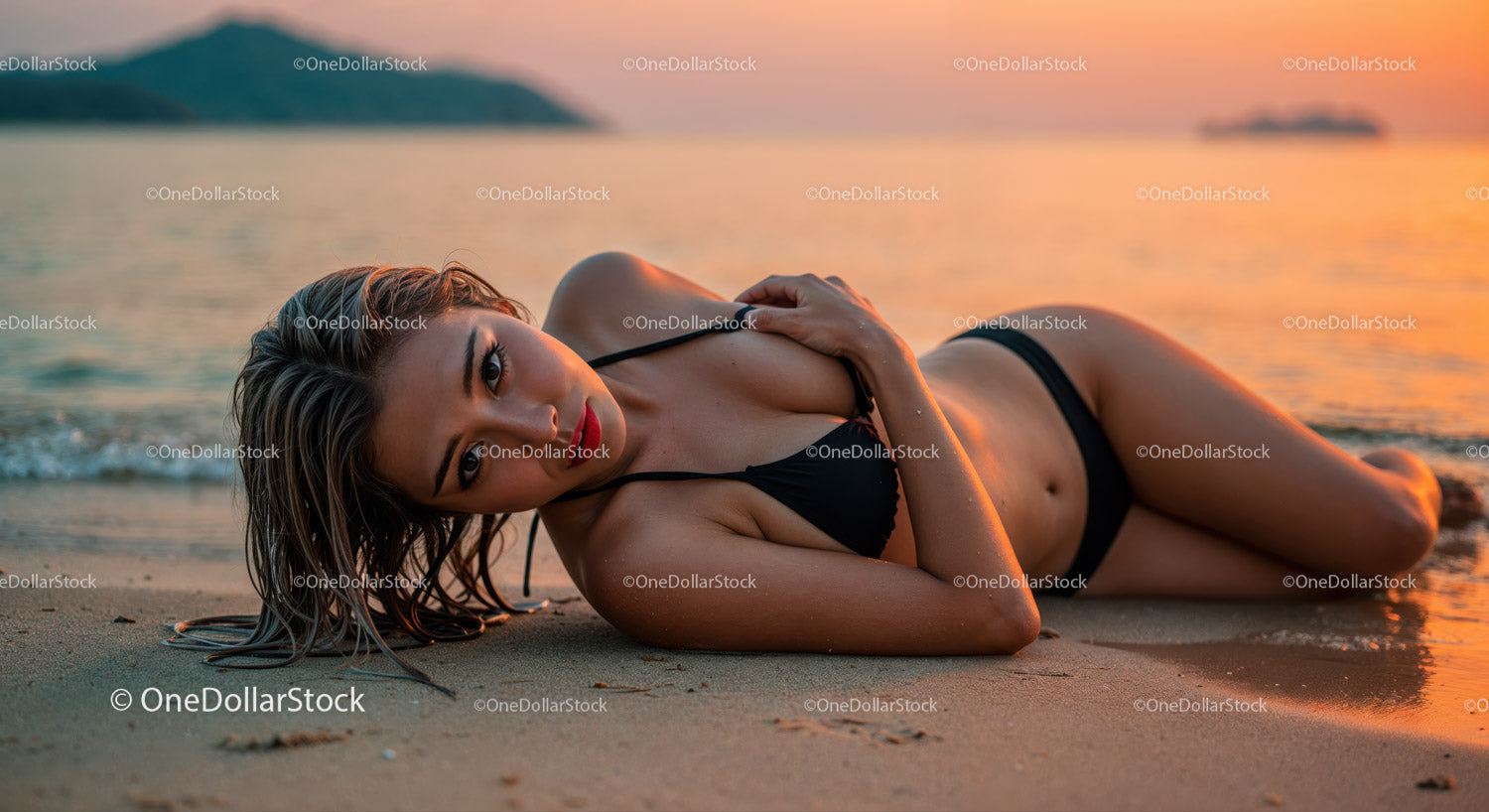 Elegant Woman in Black Bikini Lying on Beach at Sunset