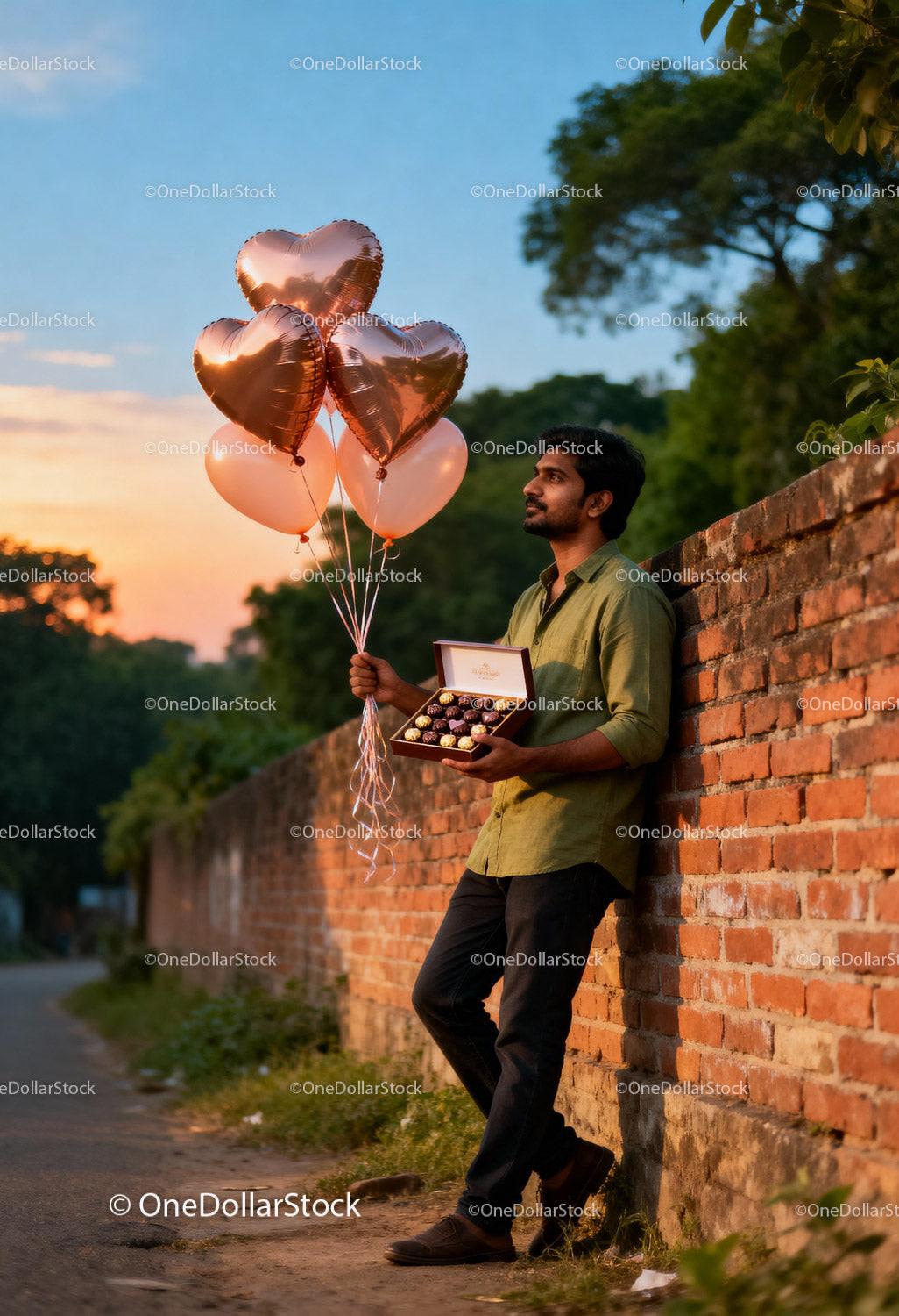 Man holding heart balloons and chocolate gift outdoors