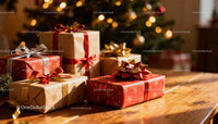 Festive Christmas gifts wrapped with ribbons on wooden table