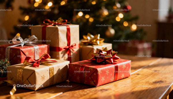 Festive Christmas gifts wrapped with ribbons on wooden table
