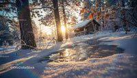 Sunset Glow on Snowy Winter Forest Cabin