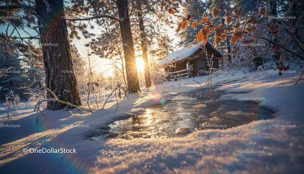 Sunset Glow on Snowy Winter Forest Cabin