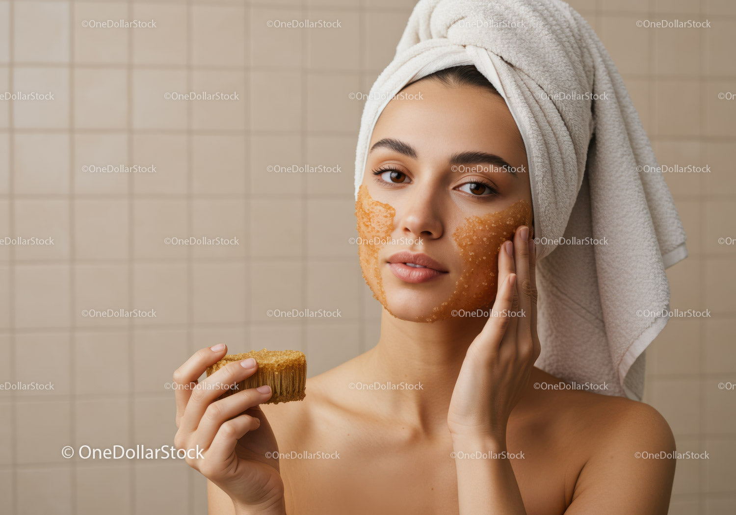 Young Woman Applying Facial Mask in Bathroom spa