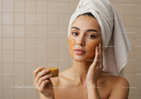 Young Woman Applying Facial Mask in Bathroom spa