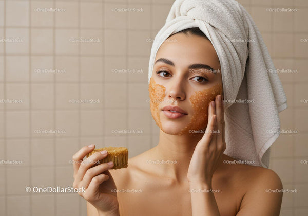 Young Woman Applying Facial Mask in Bathroom spa