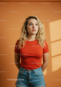 Thoughtful young woman in red shirt by sunny wall