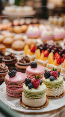 Colorful Assorted Macarons and Fruit-Topped Cakes on a Dessert Platter