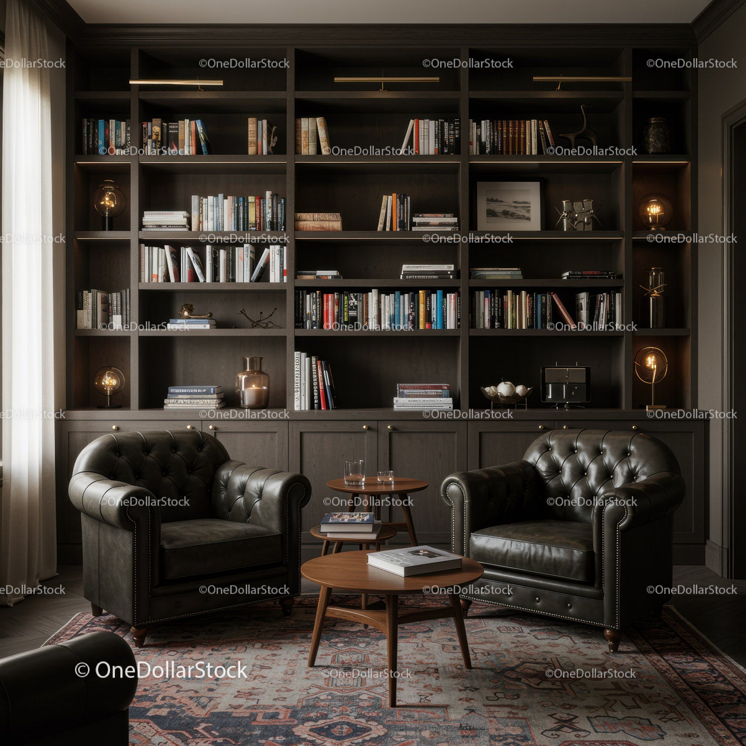 Cozy reading nook with leather armchairs and bookshelf